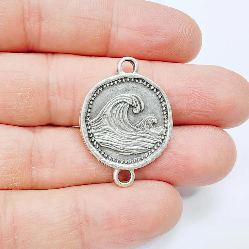Ocean Wave Connector Charm, Sea Nature Design, Antique Silver Plated, Round Shape, 34x24mm, G37828