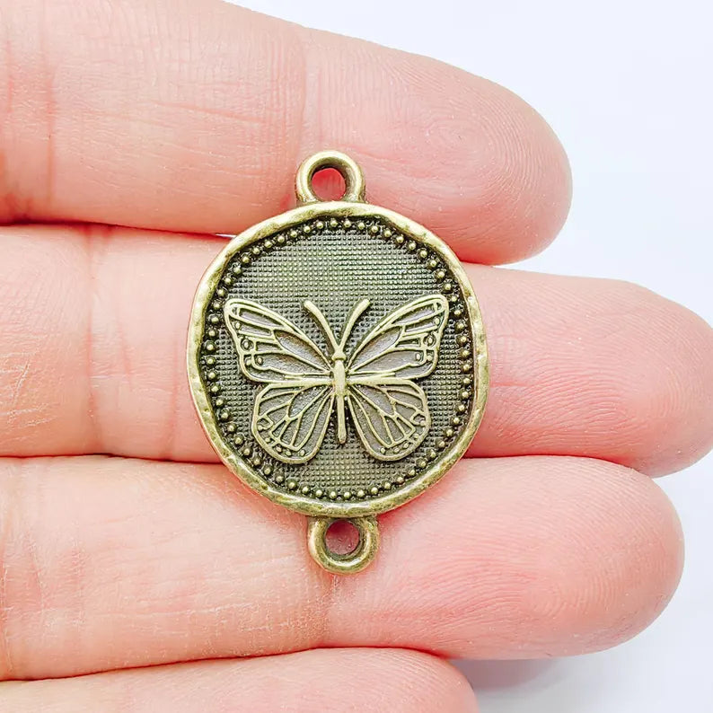 Butterfly Charm Connector, Round Insect Motif Design, Antique Bronze Plated, Double Loop, 34x24mm, G37829