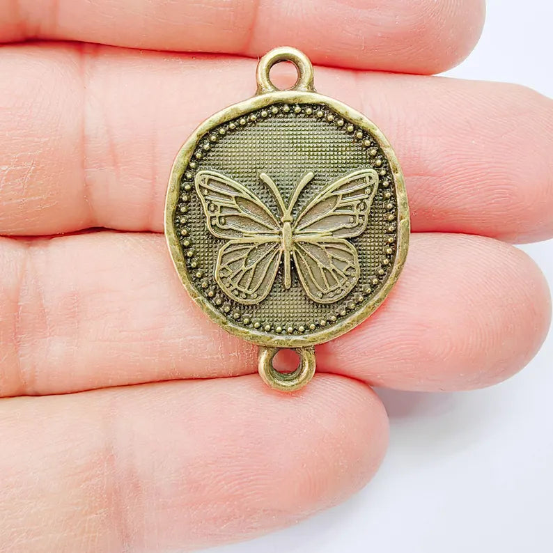 Butterfly Charm Connector, Round Insect Motif Design, Antique Bronze Plated, Double Loop, 34x24mm, G37829