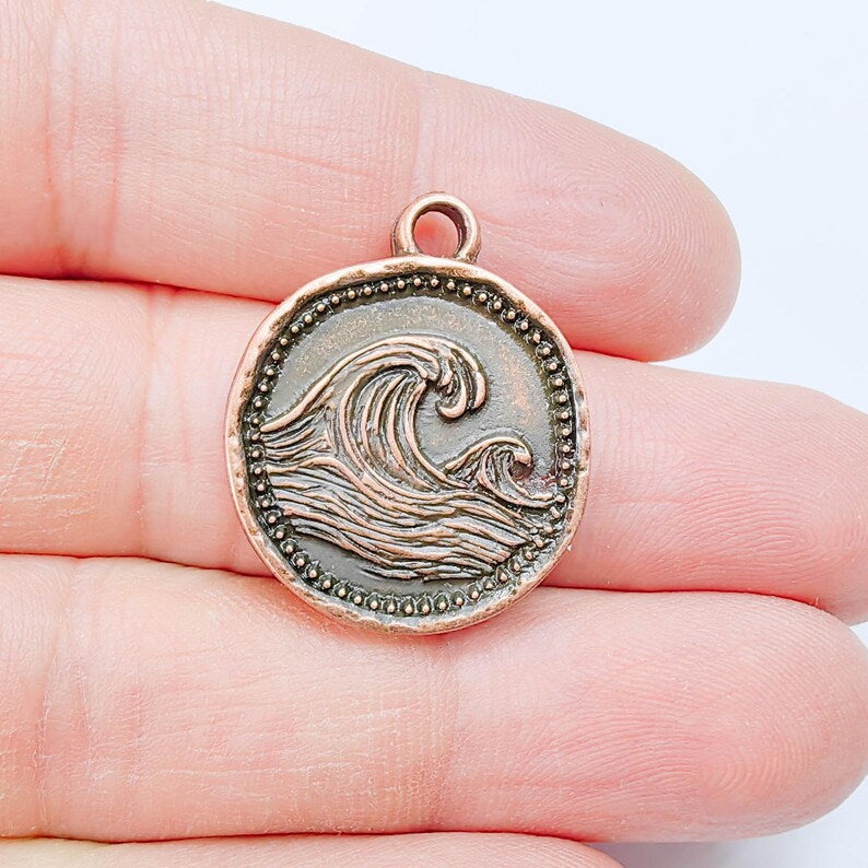 Ocean Wave Charm Pendant, Textured Sea, Antique Copper Plated, Round Shape, 28x24mm, G37830