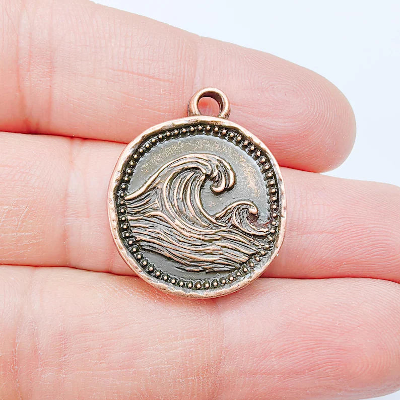 Ocean Wave Charm Pendant, Textured Sea, Antique Copper Plated, Round Shape, 28x24mm, G37830