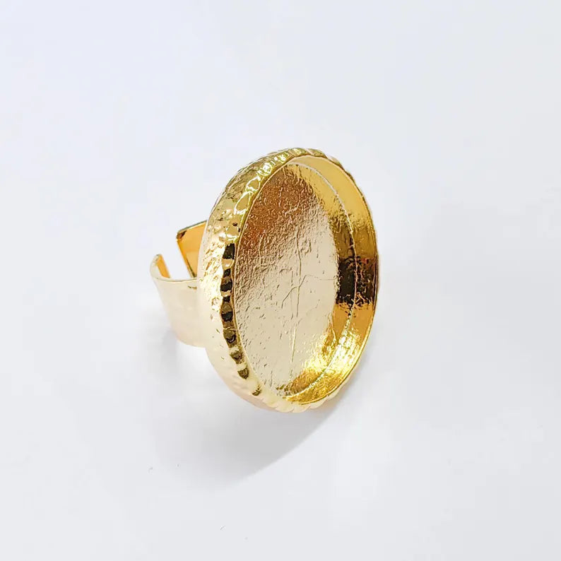 Hammered Ring Blank Setting Cabochon Base Mounting Adjustable Bezel 30mm Shiny Gold Plated G37831