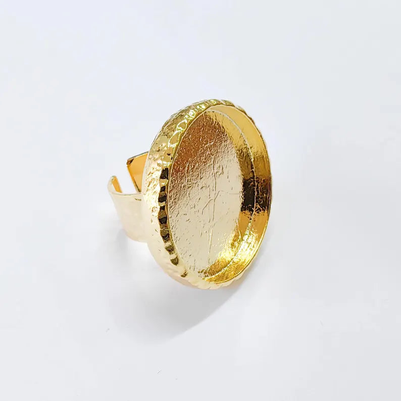 Hammered Ring Blank Setting Cabochon Base Mounting Adjustable Bezel 30mm Shiny Gold Plated G37831