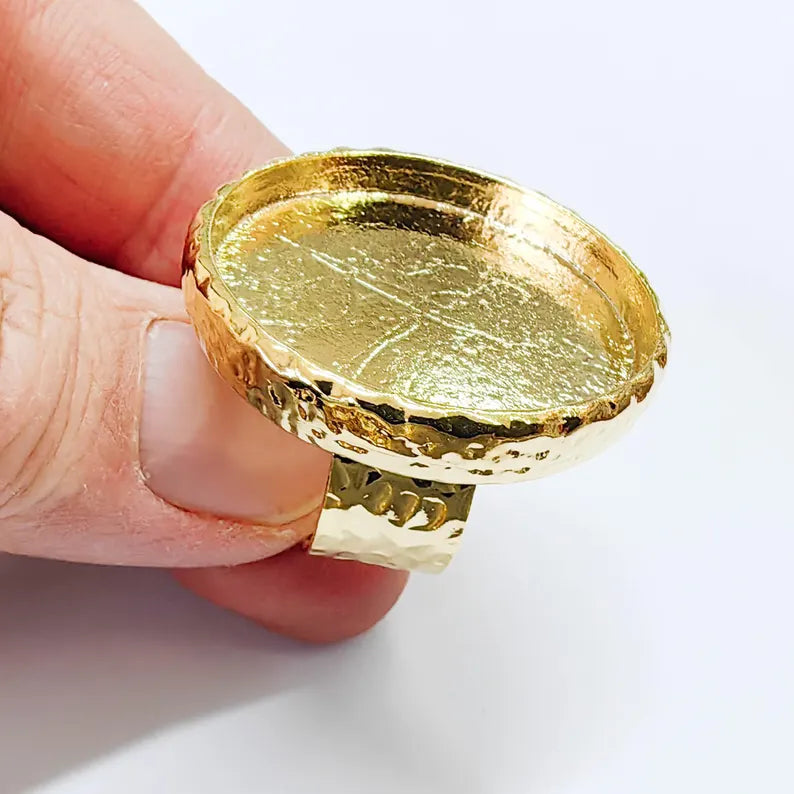 Hammered Ring Blank Setting Cabochon Base Mounting Adjustable Bezel 30mm Shiny Gold Plated G37831
