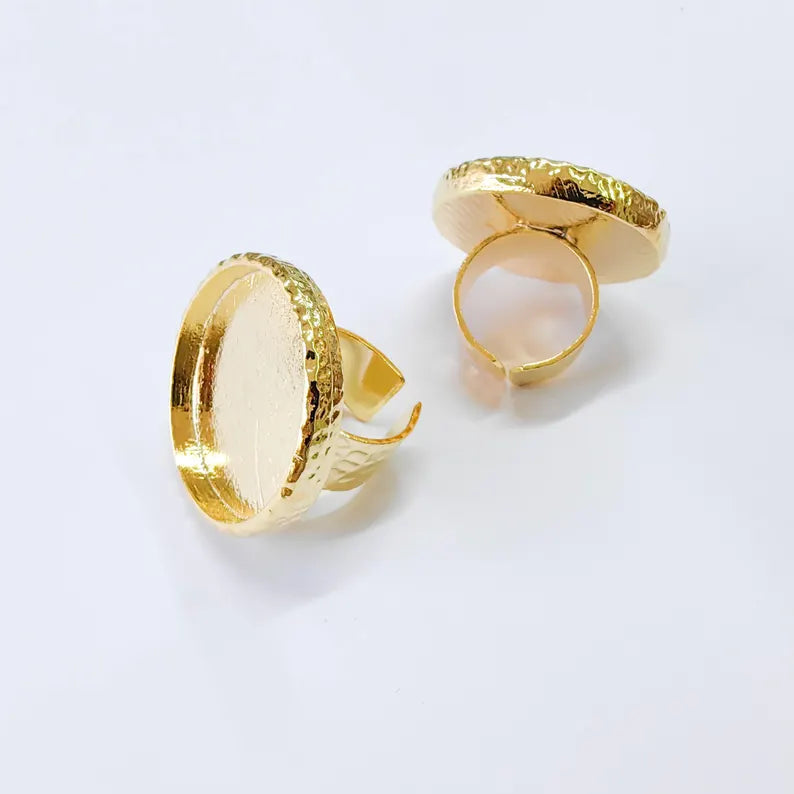 Hammered Ring Blank Setting Cabochon Base inlay Mounting Adjustable Bezel 40mm Gold Plated G37832