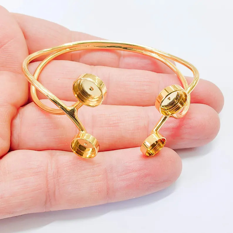 Adjustable Bracelet Bezel Base, 8mm Round Setting, Double Cuff Bracelet, 24K Gold Brass, G37836