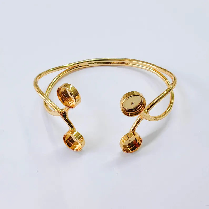 Adjustable Bracelet Bezel Base, 8mm Round Setting, Double Cuff Bracelet, 24K Gold Brass, G37836