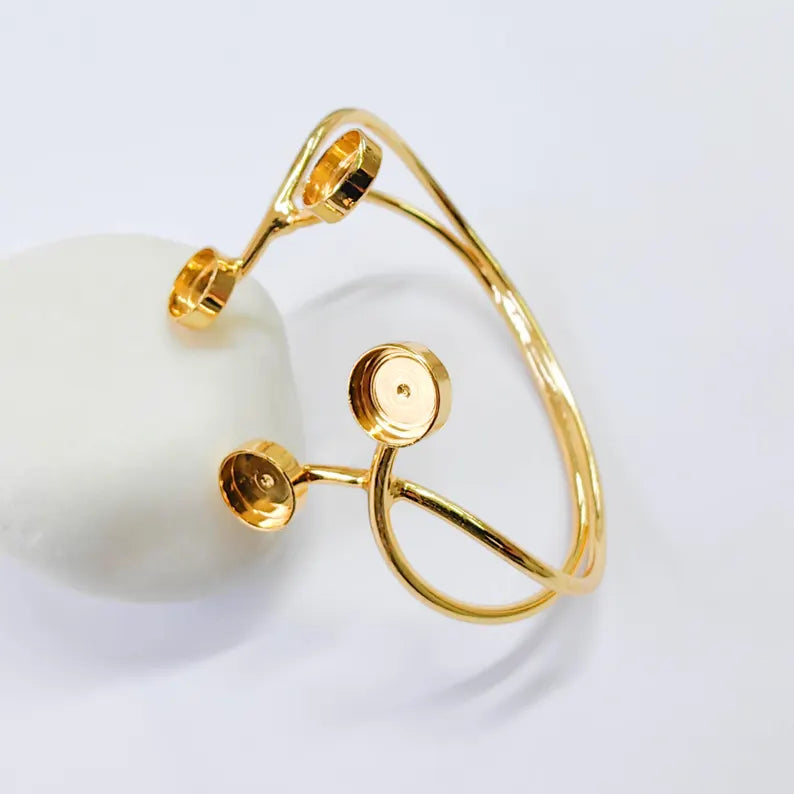 Adjustable Bracelet Bezel Base, 8mm Round Setting, Double Cuff Bracelet, 24K Gold Brass, G37836