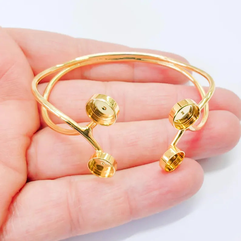Adjustable Bracelet Bezel Base, 8mm Round Setting, Double Cuff Bracelet, 24K Gold Brass, G37836