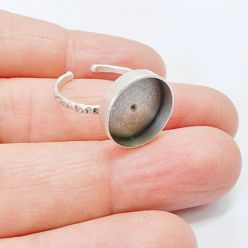 Adjustable Ring Base with Round Bezel, Textured Band, Antique Silver Plated Brass, 6mm, G37818 (Copy)