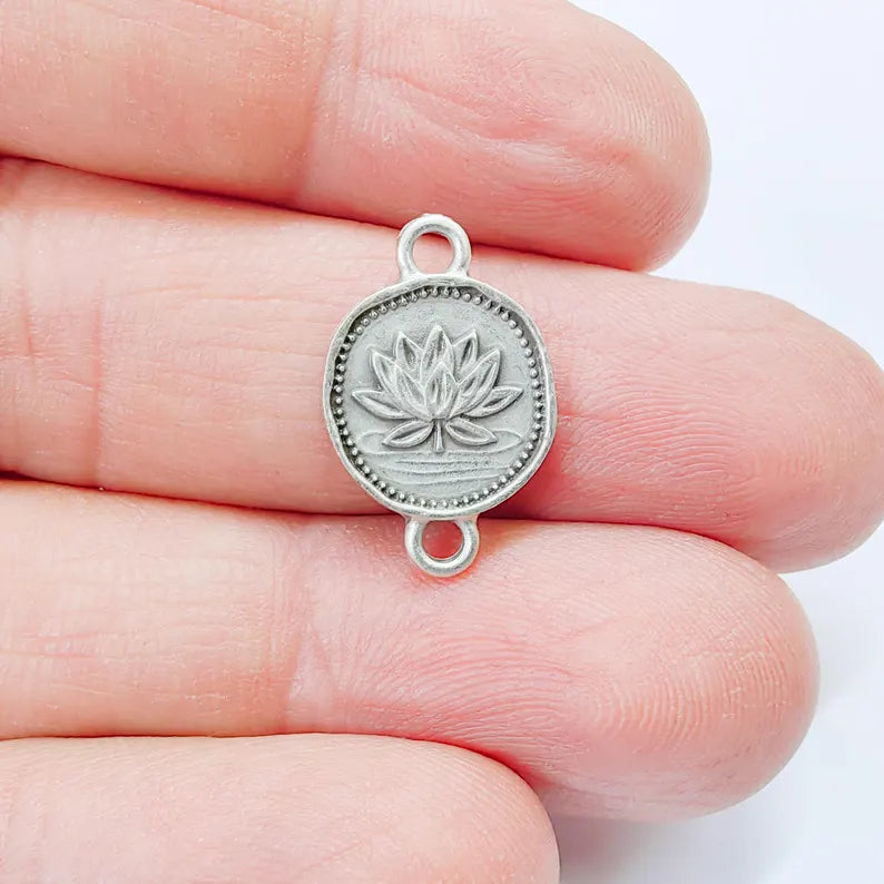 4 Lotus Flower Connector Charm, Botanical Symbol Design, Oval Shape, Double Sided, 20x13mm, G37846