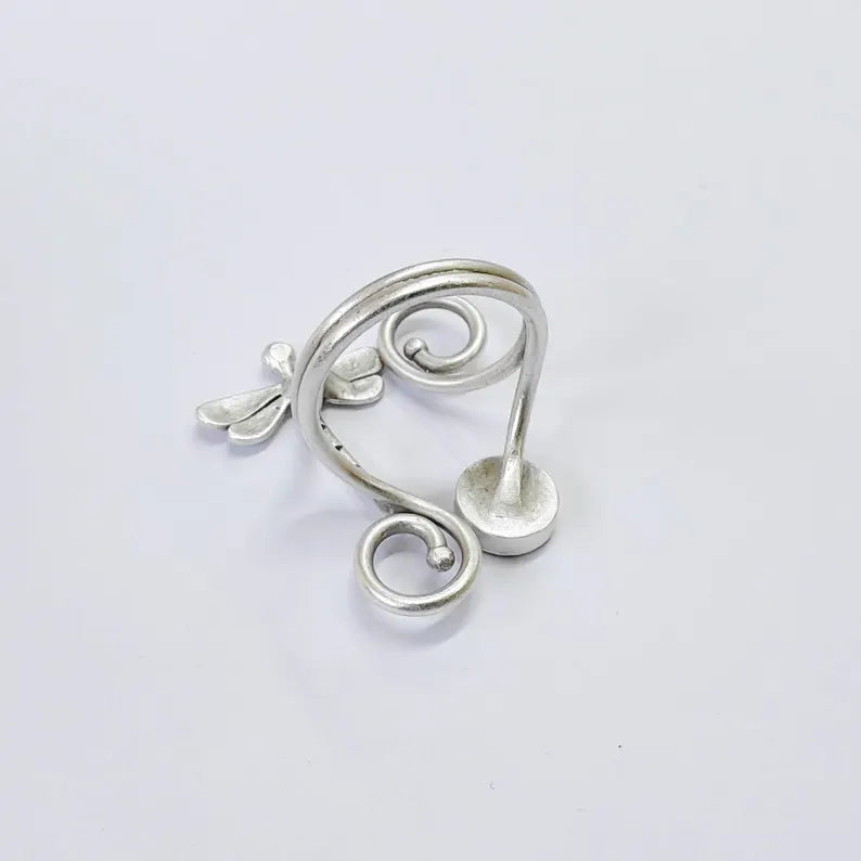 Ring Base with Dragonfly, 8mm Round Bezel Setting, Antique Silver Plated Brass, Adjustable G37847