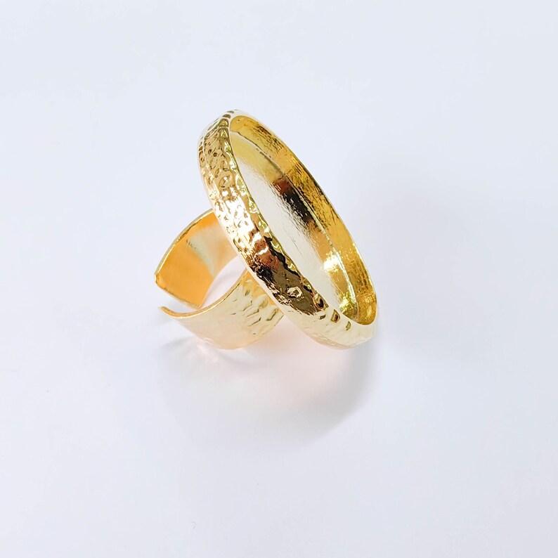 Hammered Ring Blank Setting Cabochon Base Mounting Adjustable Bezel 35mm Shiny Gold Plated G37848