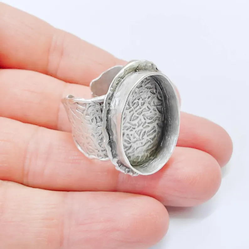 Ring Base 25x18mm Oval Bezel, Wide Textured Band, Adjustable Antique Silver Plated Brass, G37849