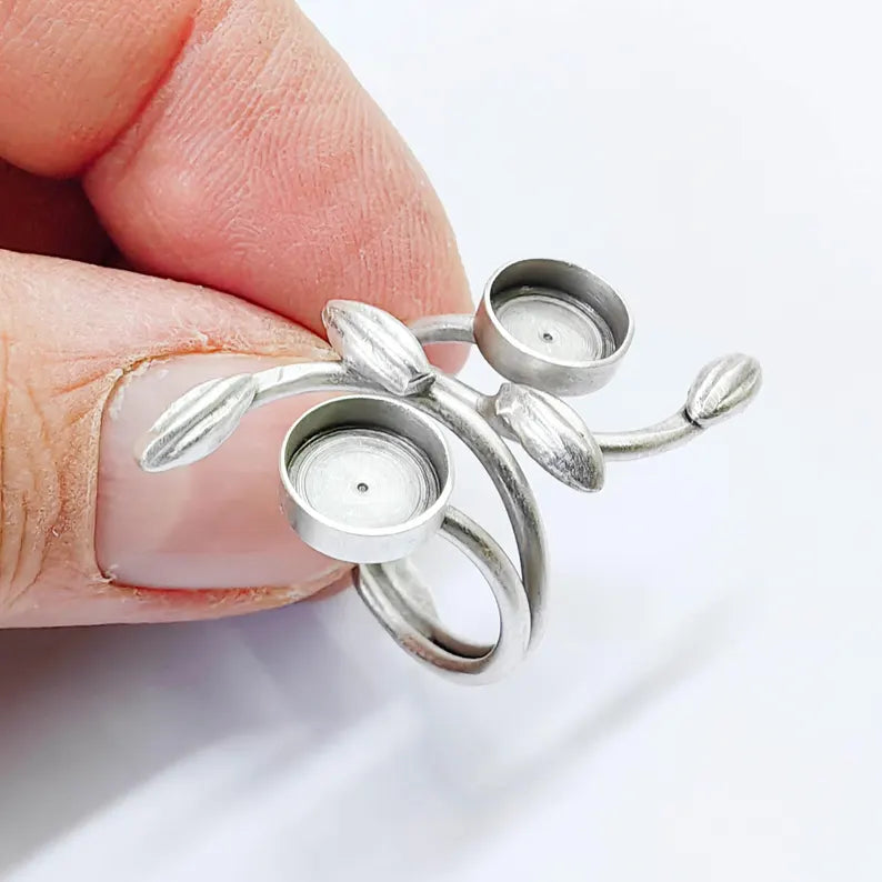 Antique Silver Adjustable Ring Base, 8mm Bezel, Leaf Design, G37850