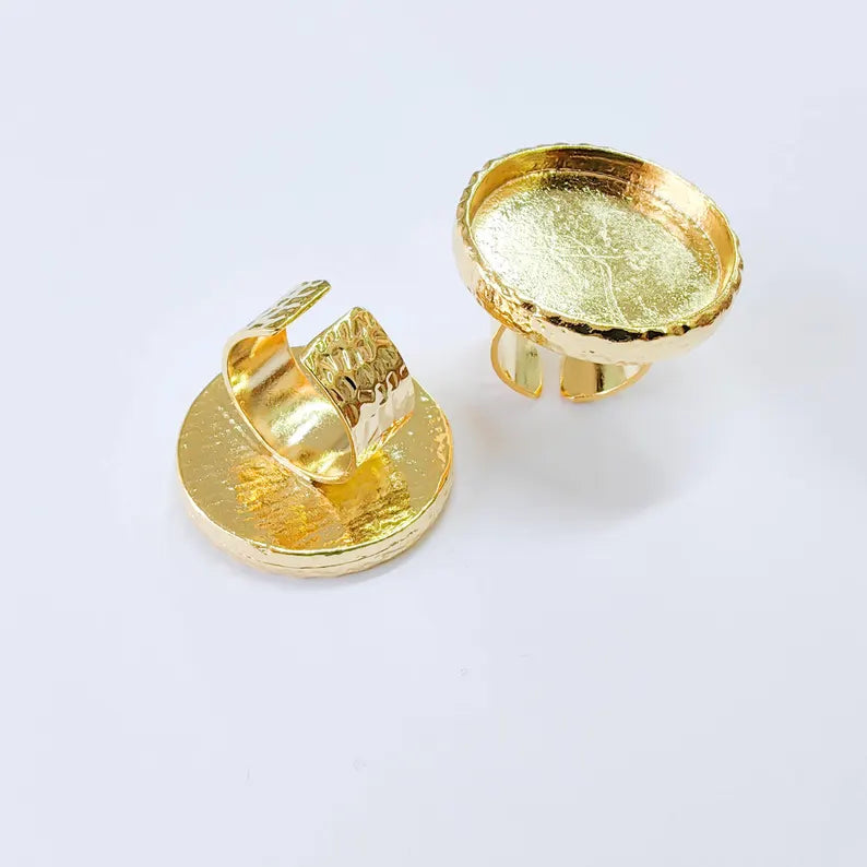 Hammered Ring Blank Setting Cabochon Base Mounting Adjustable Bezel 30mm Shiny Gold Plated G37831