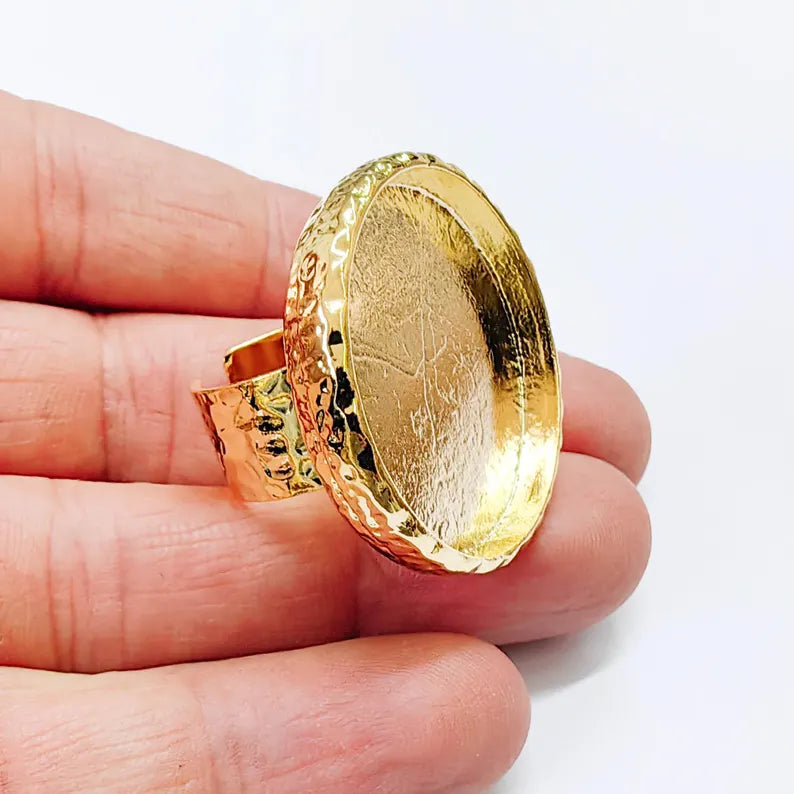Hammered Ring Blank Setting Cabochon Base Mounting Adjustable Bezel 30mm Shiny Gold Plated G37831