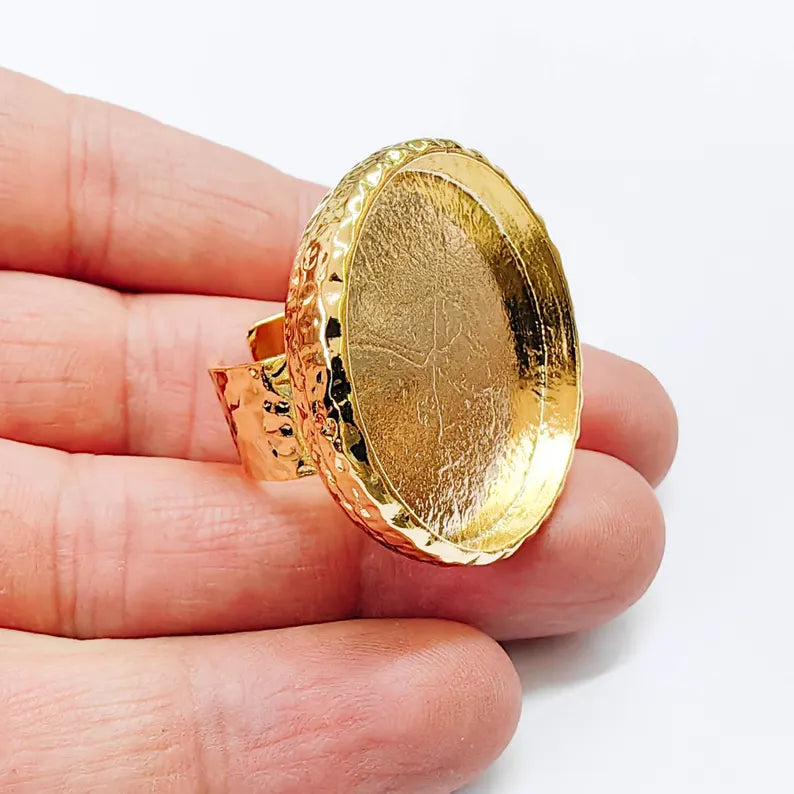 Hammered Ring Blank Setting Cabochon Base Mounting Adjustable Bezel 30mm Shiny Gold Plated G37831