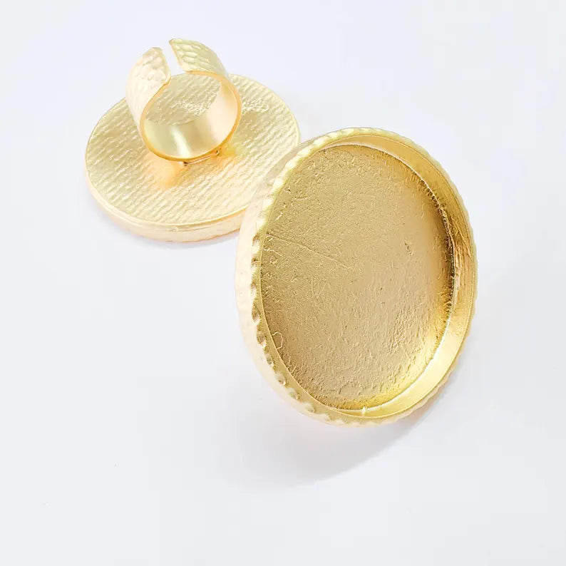 Hammered Ring Blank Setting Cabochon Base inlay Mounting Adjustable Bezel 40mm Gold Plated G37832