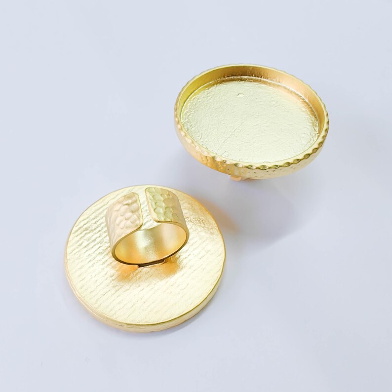 Hammered Ring Blank Setting Cabochon Base inlay Mounting Adjustable Bezel 40mm Gold Plated G37832