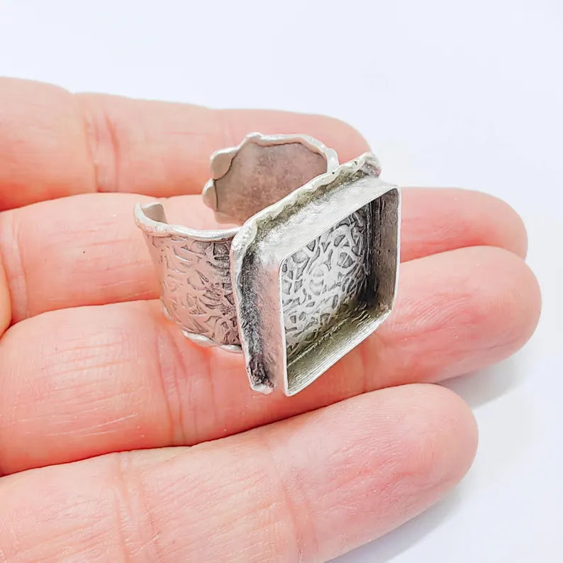 Adjustable Ring Base with Square Bezel, Textured Band, Antique Silver Plated Brass, 20mm, G37834
