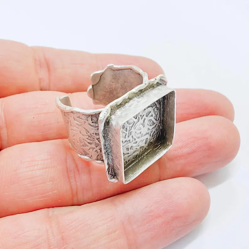 Adjustable Ring Base with Square Bezel, Textured Band, Antique Silver Plated Brass, 20mm, G37834