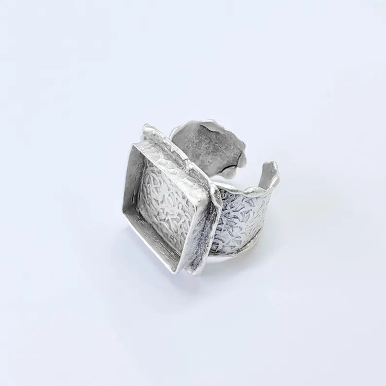 Adjustable Ring Base with Square Bezel, Textured Band, Antique Silver Plated Brass, 20mm, G37834