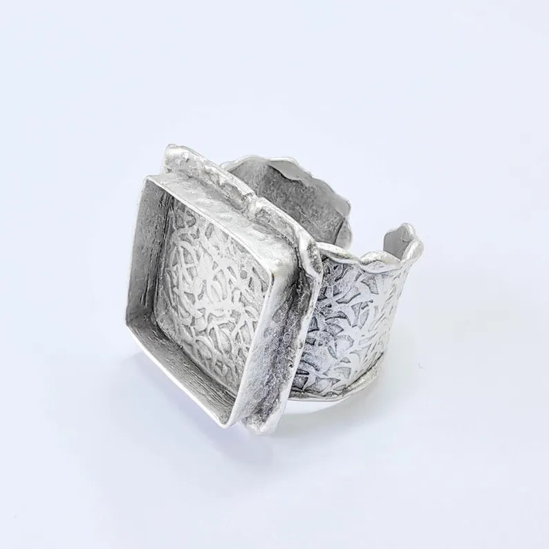 Adjustable Ring Base with Square Bezel, Textured Band, Antique Silver Plated Brass, 20mm, G37834