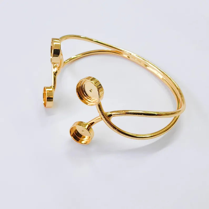 Adjustable Bracelet Bezel Base, 8mm Round Setting, Double Cuff Bracelet, 24K Gold Brass, G37836