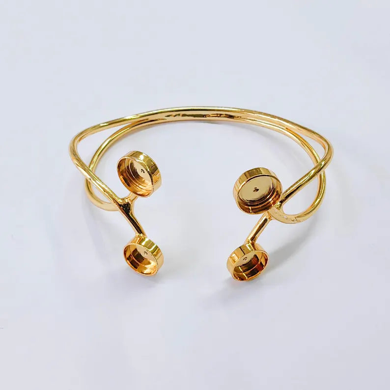 Adjustable Bracelet Bezel Base, 8mm Round Setting, Double Cuff Bracelet, 24K Gold Brass, G37836