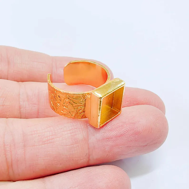 Square Bezel Adjustable Ring Base, 10x10mm Setting, 24K Shiny Gold Color Adjustable Blank, G37840