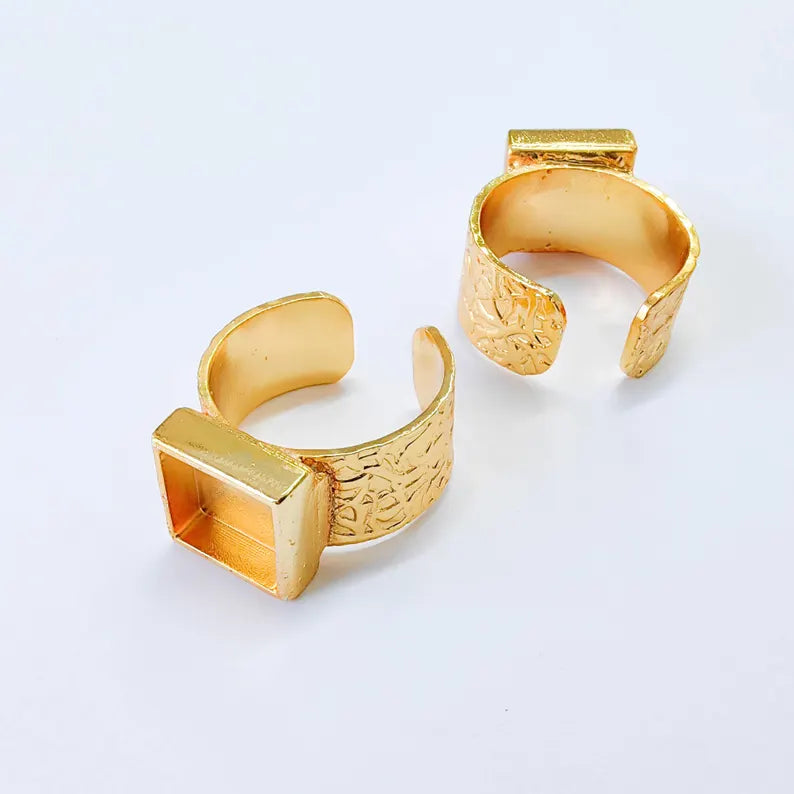 Square Bezel Adjustable Ring Base, 10x10mm Setting, 24K Shiny Gold Color Adjustable Blank, G37840