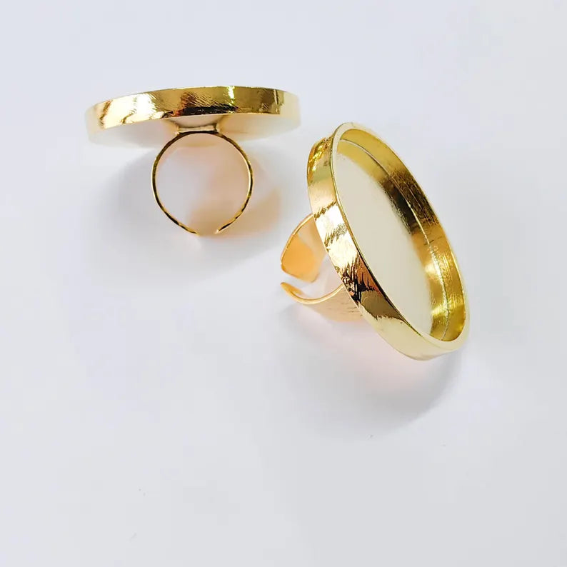 Shiny Gold Ring Setting, Cabochon Blank, Resin Bezel, Round Ring Mounting, Epoxy Frame Base, Adjustable Gold Plated 40mm G37852