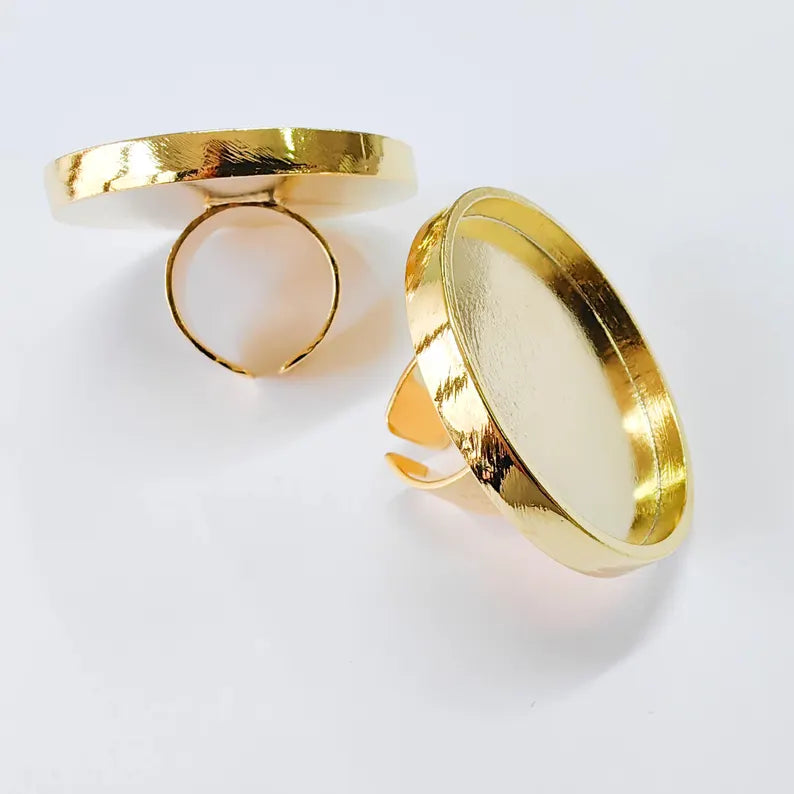Shiny Gold Ring Setting, Cabochon Blank, Resin Bezel, Round Ring Mounting, Epoxy Frame Base, Adjustable Gold Plated 40mm G37852
