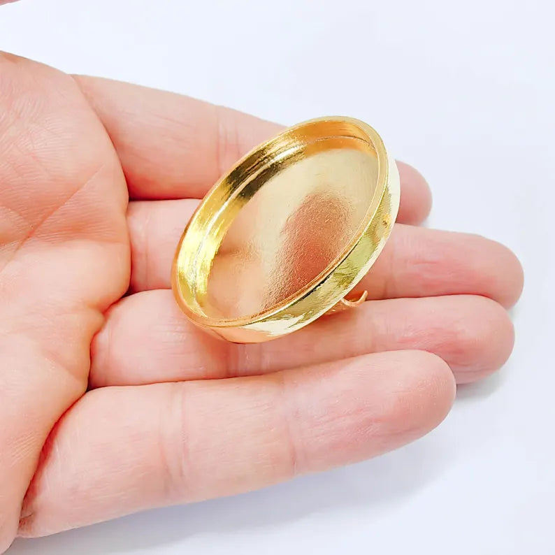 Shiny Gold Ring Setting, Cabochon Blank, Resin Bezel, Round Ring Mounting, Epoxy Frame Base, Adjustable Gold Plated 40mm G37852