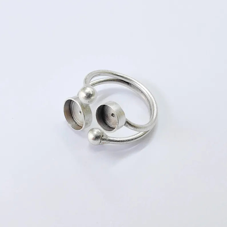 Antique Silver Adjustable Ring Base, 6mm 8mm Bezel, Double Round Setting, G37854