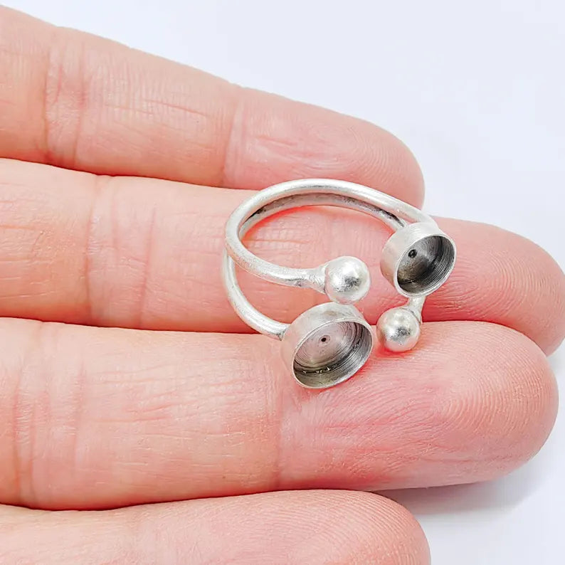 Antique Silver Adjustable Ring Base, 6mm 8mm Bezel, Double Round Setting, G37854