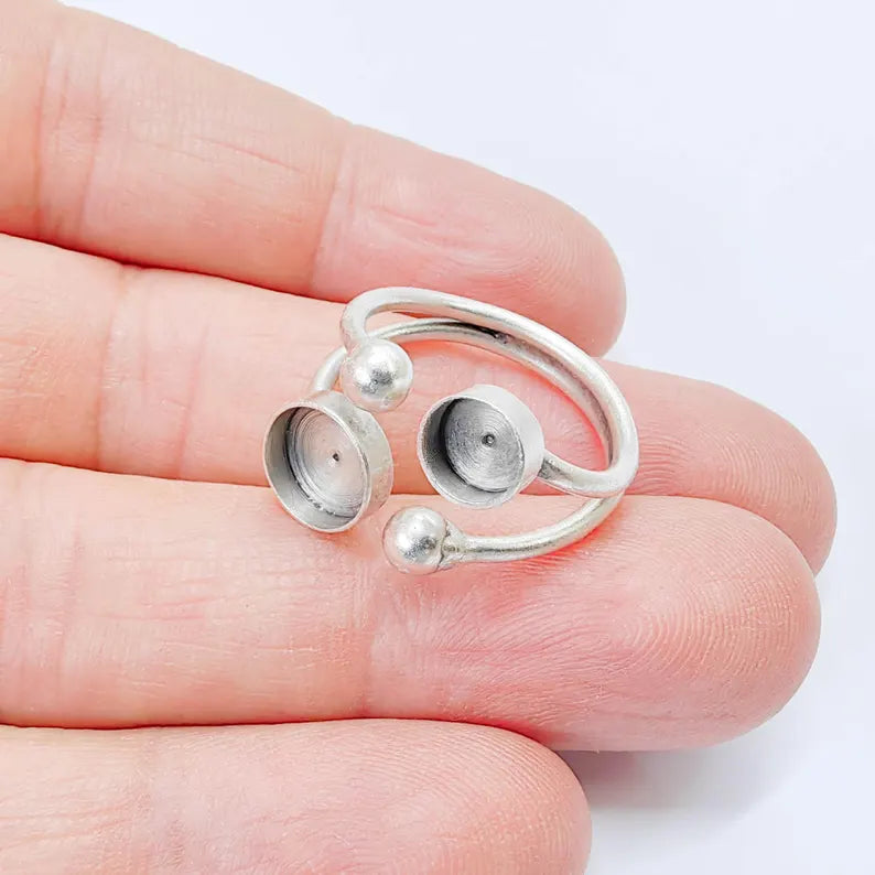 Antique Silver Adjustable Ring Base, 6mm 8mm Bezel, Double Round Setting, G37854