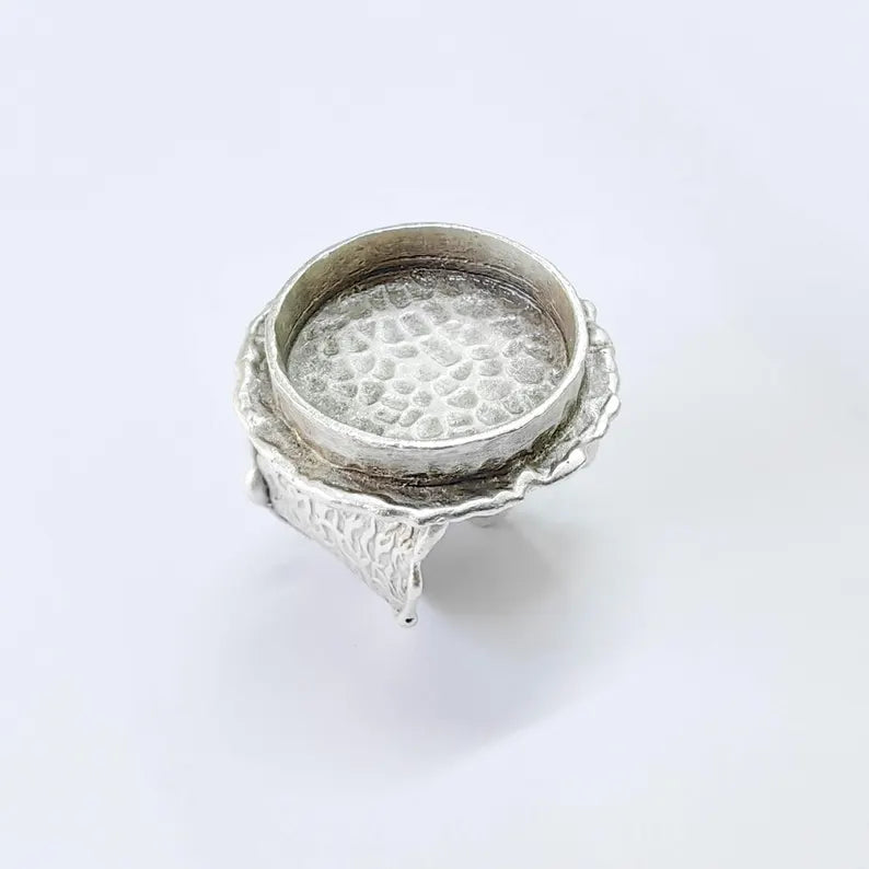 Antique Silver Adjustable Ring Base, 20mm Bezel, Wide Textured Band, G37857