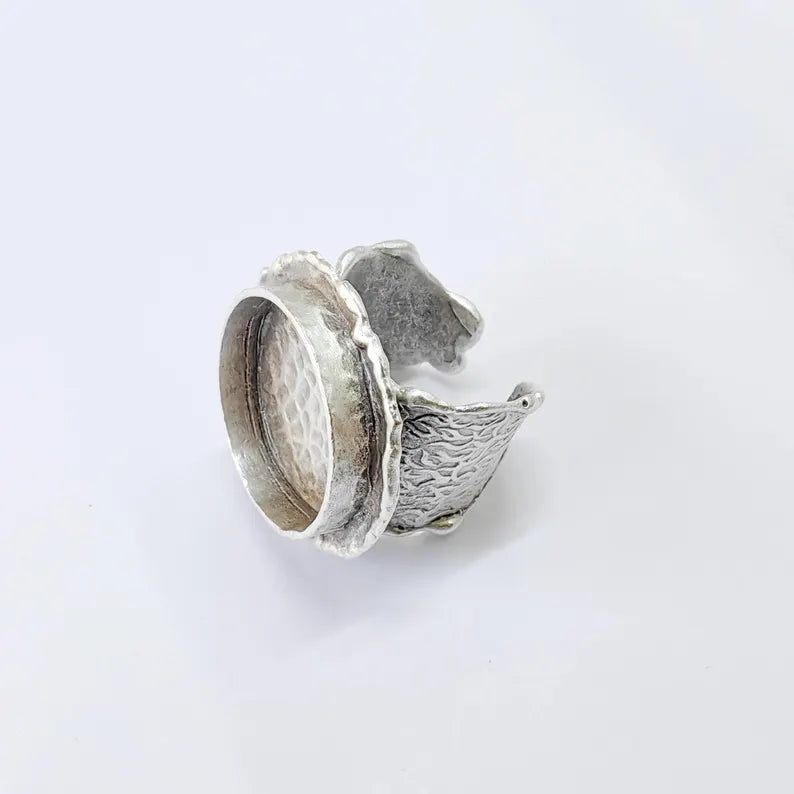 Antique Silver Adjustable Ring Base, 20mm Bezel, Wide Textured Band, G37857