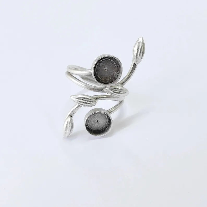 Antique Silver Adjustable Ring Base, 8mm Double Bezel, Leaf Design, G37861