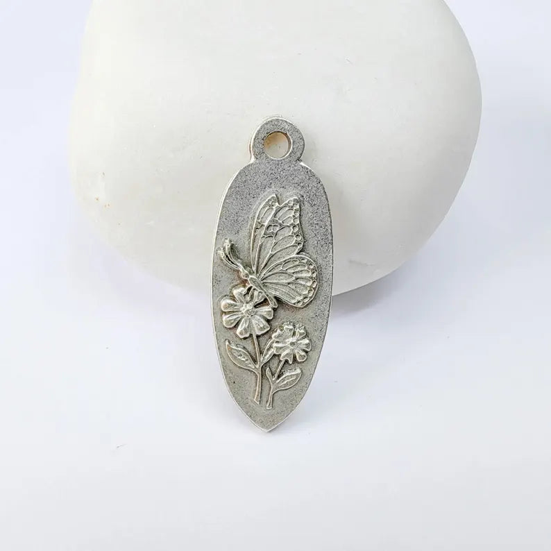 Butterfly Flower Charm Pendant, Double Sided Nature Design, Antique Silver Plated, 30x12mm, G37863