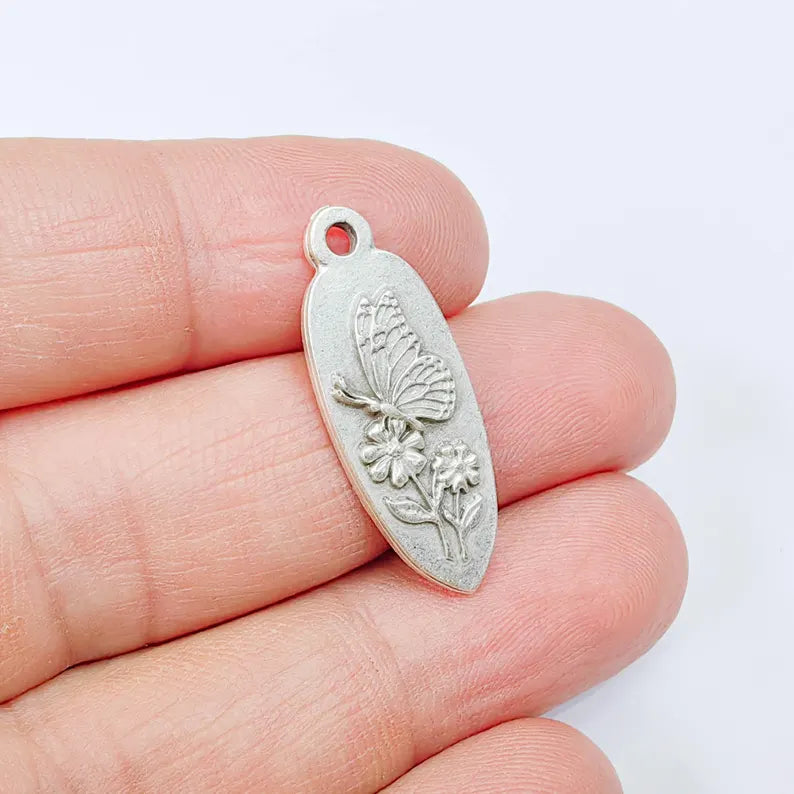 Butterfly Flower Charm Pendant, Double Sided Nature Design, Antique Silver Plated, 30x12mm, G37863