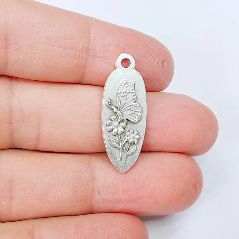 Butterfly Flower Charm Pendant, Double Sided Nature Design, Antique Silver Plated, 30x12mm, G37863