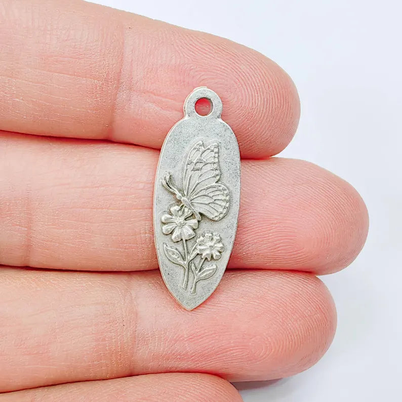 Butterfly Flower Charm Pendant, Double Sided Nature Design, Antique Silver Plated, 30x12mm, G37863