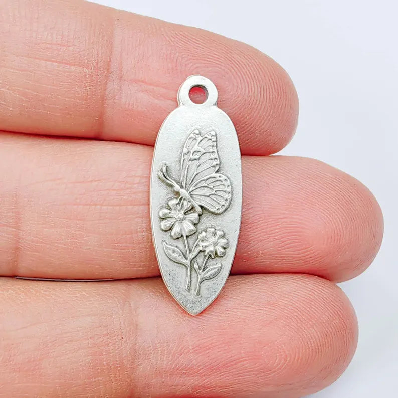 Butterfly Flower Charm Pendant, Double Sided Nature Design, Antique Silver Plated, 30x12mm, G37863