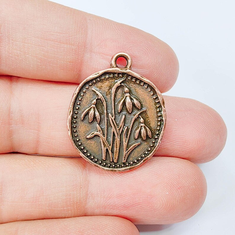 Snowdrop Flower Charm Pendant, Double Sided Botanical Nature Design, Round Shape, 28x24mm, G37864