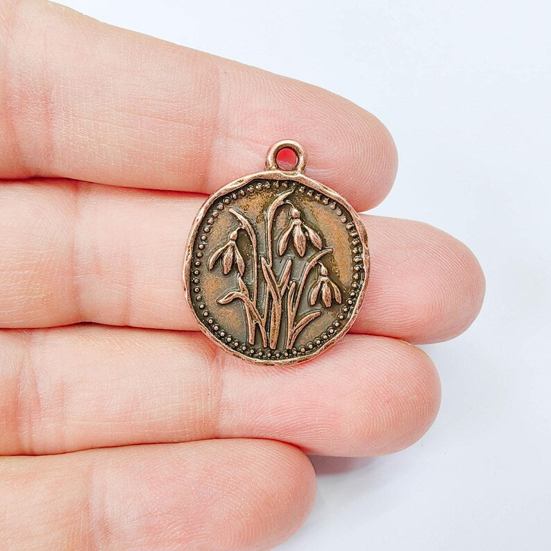 Snowdrop Flower Charm Pendant, Double Sided Botanical Nature Design, Round Shape, 28x24mm, G37864