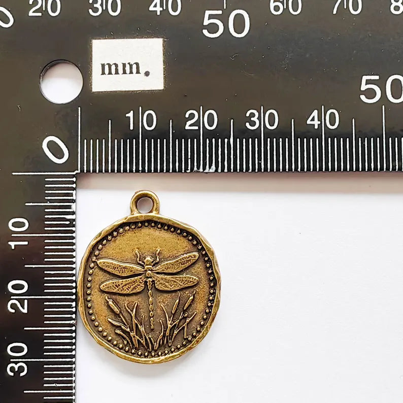 Dragonfly Charm Pendant, Double Sided Nature Design, Round Botanical Medallion, 28x24mm, Antique Bronze G37866