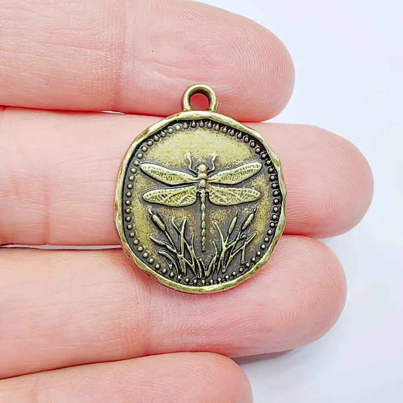 Dragonfly Charm Pendant, Double Sided Nature Design, Round Botanical Medallion, 28x24mm, Antique Bronze G37866